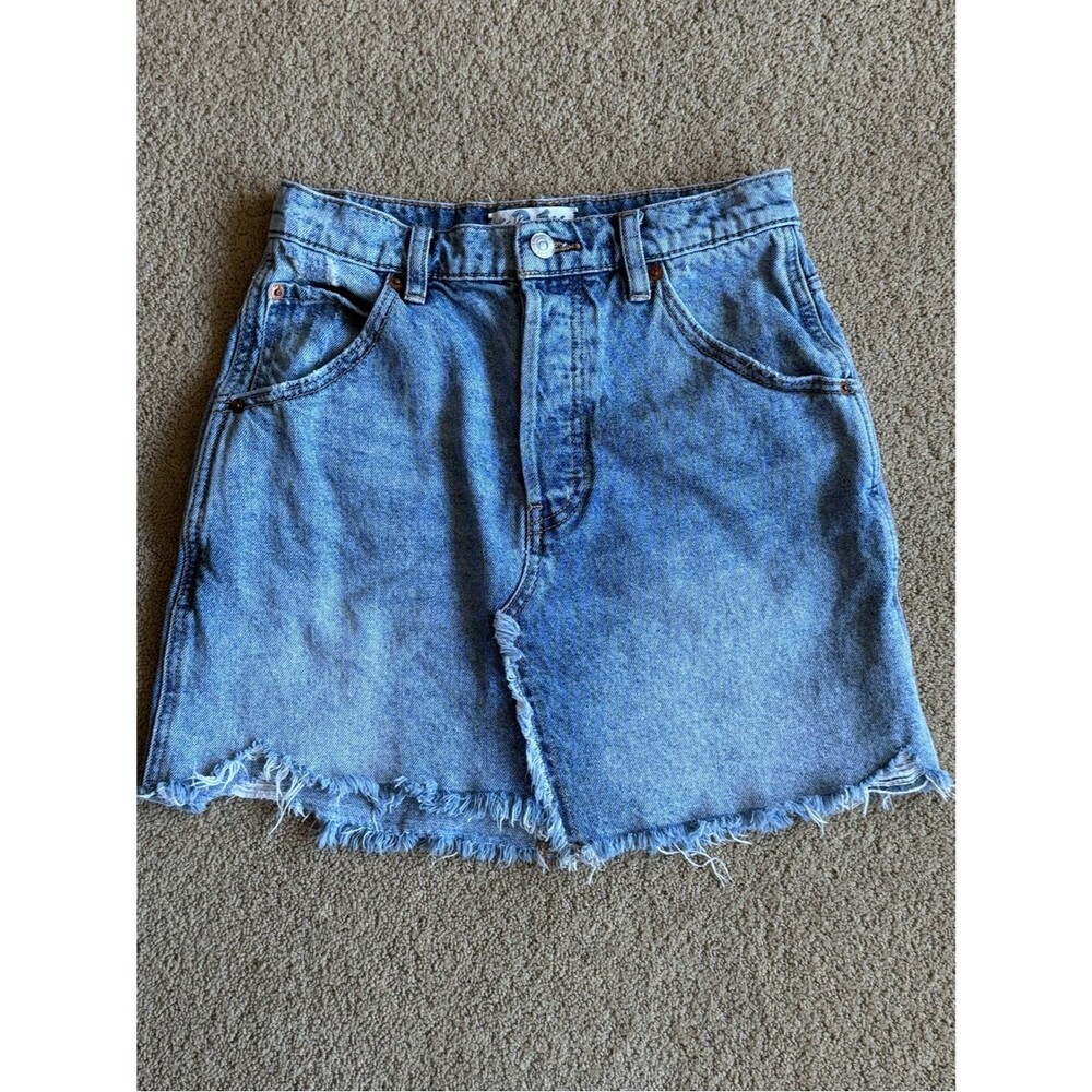 Free People We The Free Denim Mini Skirt Womens 26 Blue Raw Hem Jean Skirt
